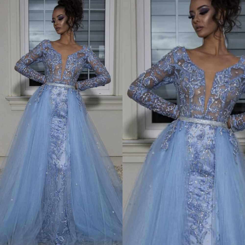 2019 prom dresses afneembare trein kant applicaties kralen lange mouwen blauw lange avond jurken arabisch