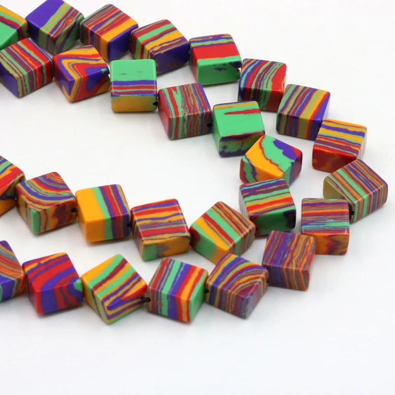 Flat Block Shape Striped Rainbow Turkey Stone 8x8x5mm Loose Beads 15