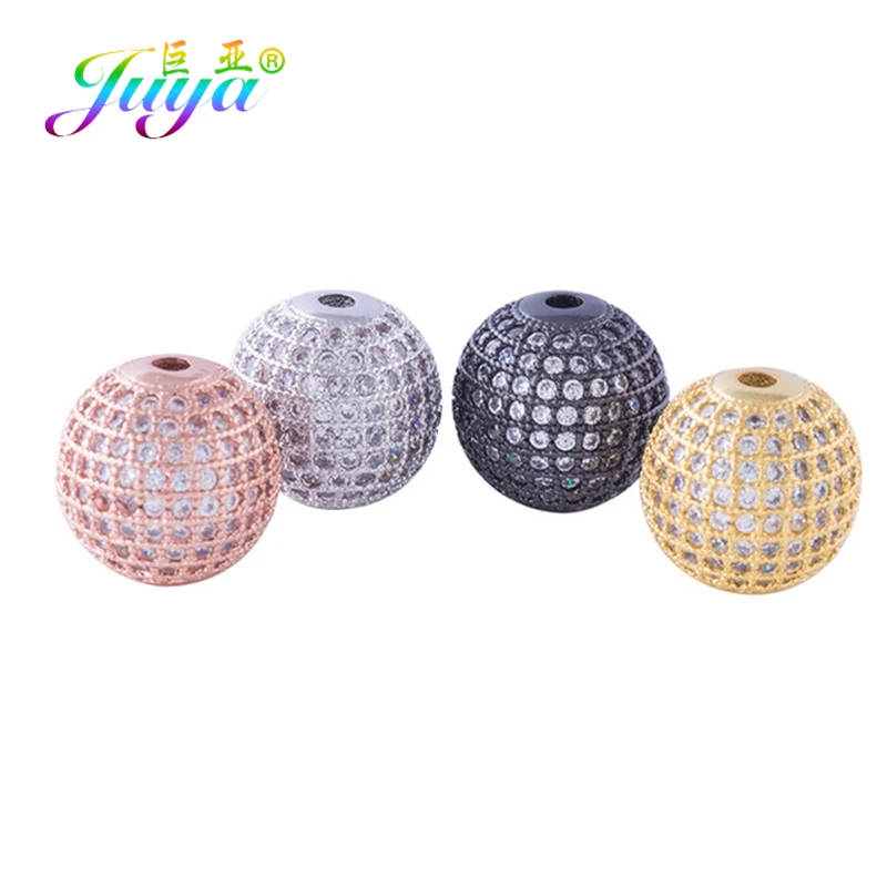 Juya DIY 12mm Charm Beads Supplies Micro Pave Zircon Hollow Metal Ball Beads Accessories For Natural Stones Beads Jewelry Making