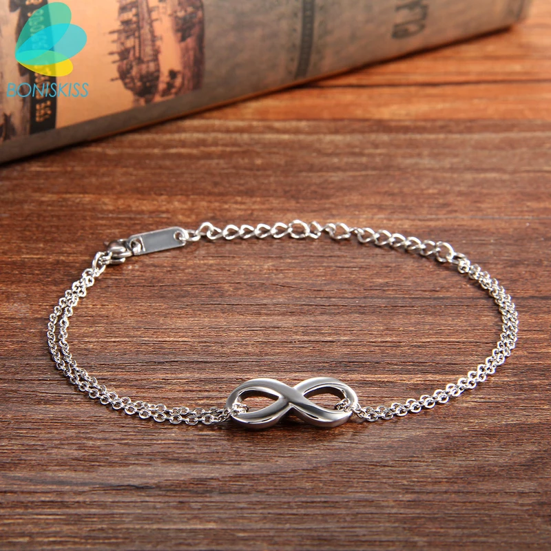 BONISKISS 316L Couple Lover Stainless Steel Infinity Bracelet Charm Bracelets with Gift Bag Silver Color  Bangle Jewelry Bijoux