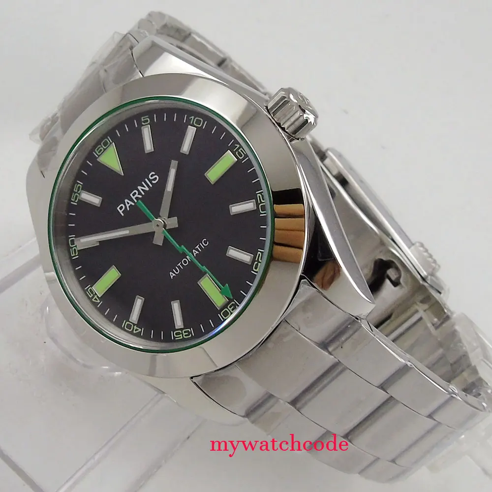 PARNIS Steel Polish Bezel Automatic Watch men Green Flash Hand MIYOTA 8215 Movt Folding Clasp Luxury Sapphire Glas 40mm