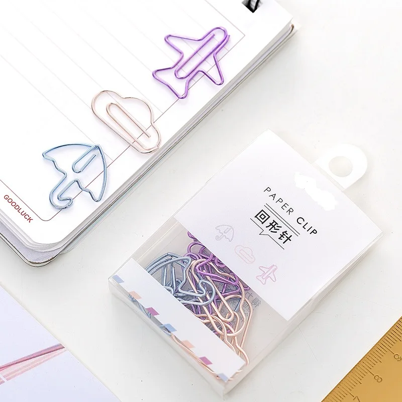 12pcs/box Electroplated Paper Clip Airplane Umbrella Cloud Shape Note Clips Kawaii Bookmark Office Shool Stationery Marking Clip