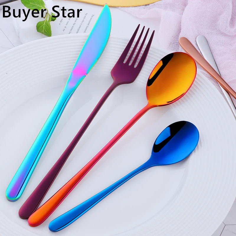 Hot Sale 4 Pcs/Set Tableware Set Stainless Steel Cutlery Long Handle Knife Spoon Fork Sald Spoon Korean Style 8 Colors Flareware