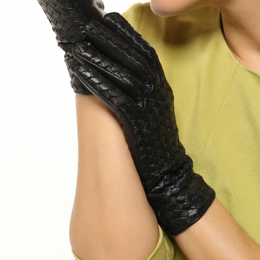 Women's Genuine Leather Gloves Female Handmade Woven Elegant Sheepskin Gloves Fashion Trend Nylon Lined L118NN-1