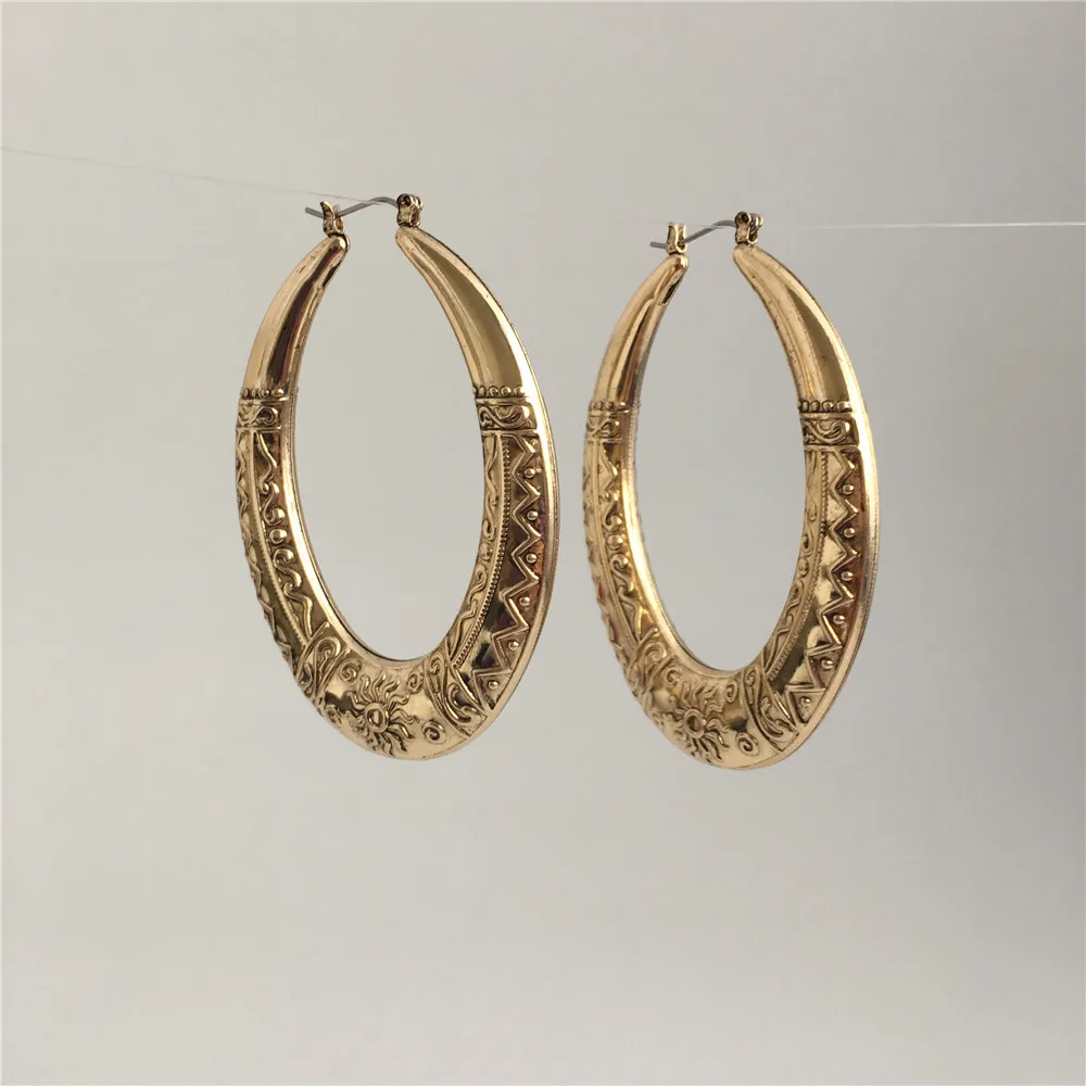 Vintage Antique Gold Color Plating Engraved Oval Hoop Earrings For Women Girl Trendy Casual Modern Jewelry Accessory