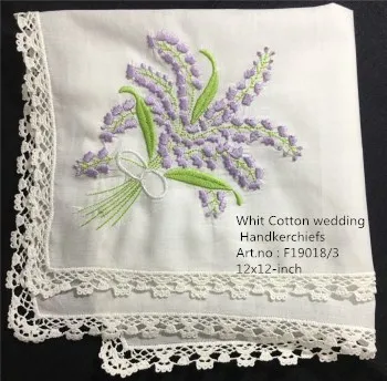 Set of 12 Fas Ladies Handkerchiefs White Cotton Hankie with White Lace Edged & Color embroidery Floral Bridal Hanky 12x12-inch