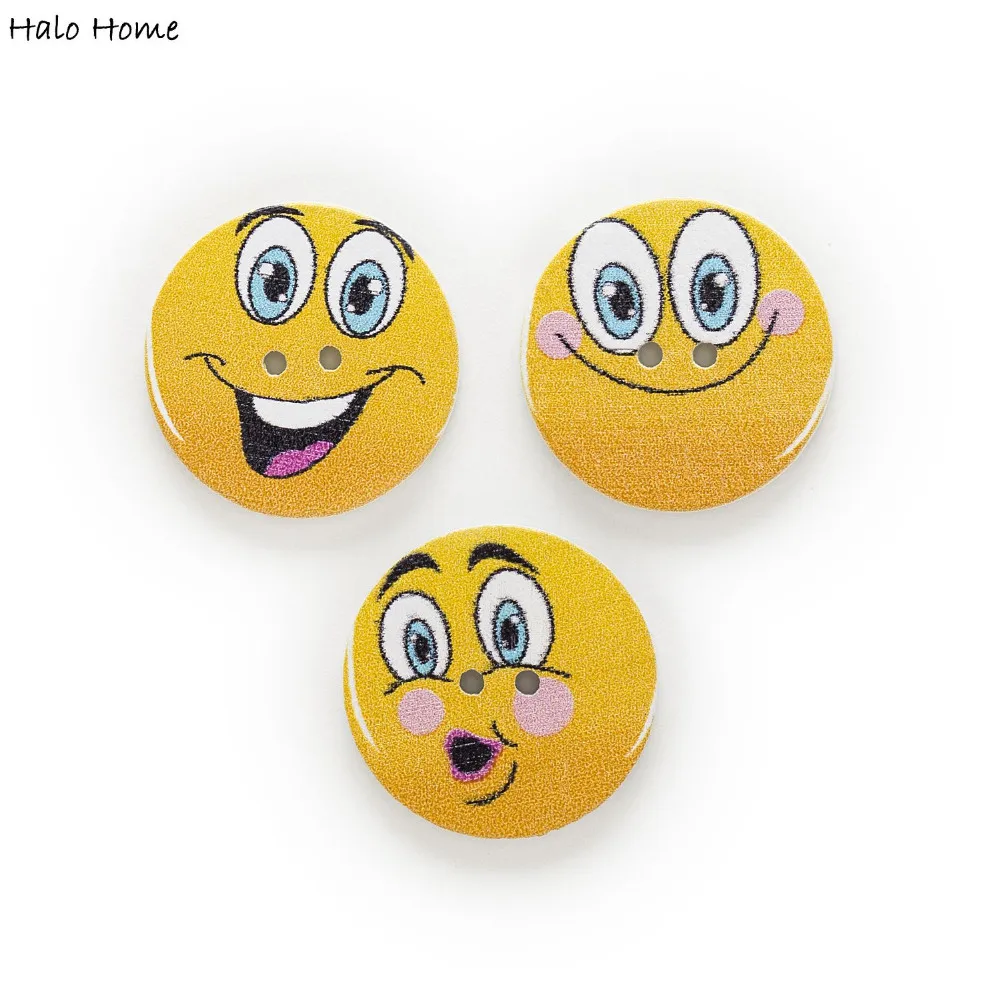 30pcs 2 Hole Mixed Smiling Face Expression Round Wood Buttons Crafts 25mm Decor Clothing Sewing Scrapbooking