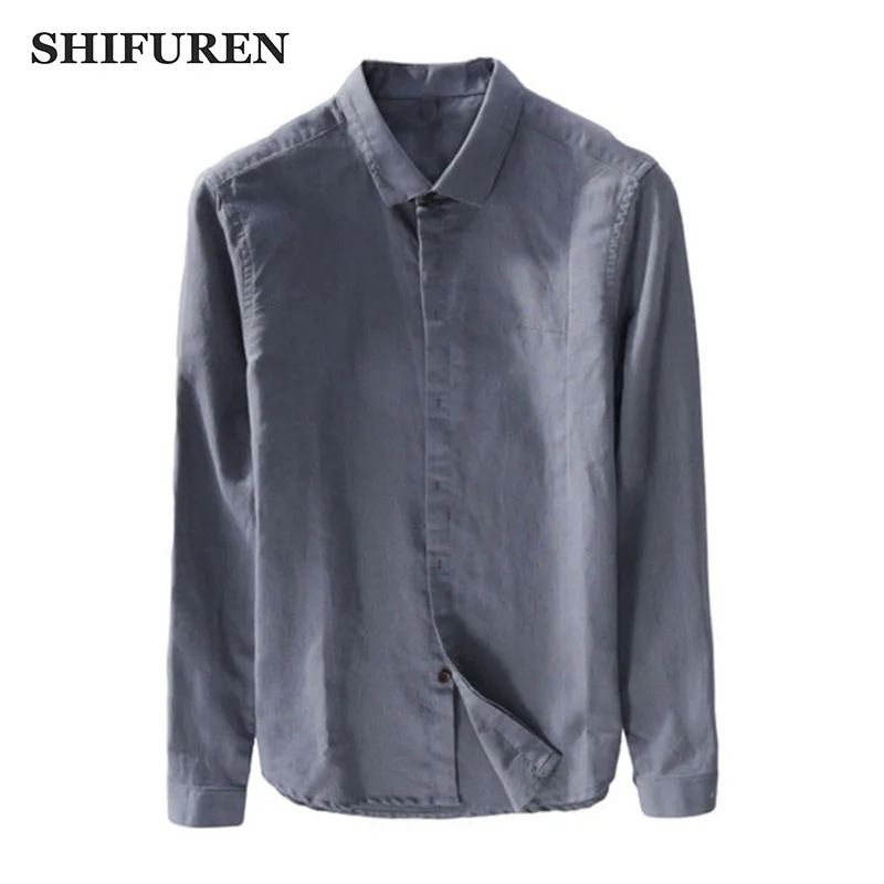 

SHIFUREN New Spring 2018 Causal Cotton Linen Shirts Men Long Sleeve Square Collar Tops Male Dress Shirts Size M-XXL Solid Color