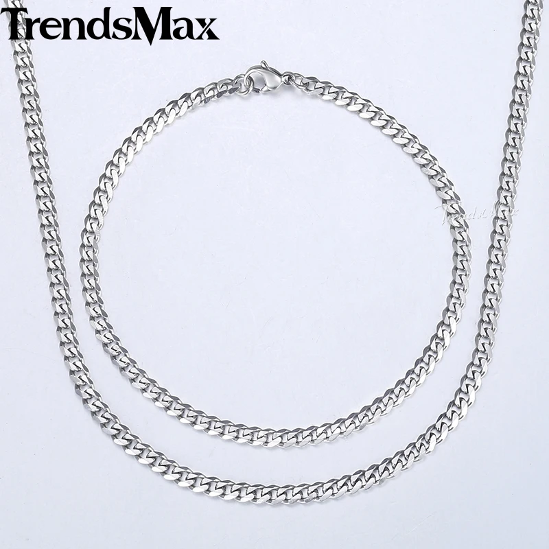 Jewelry Set For Men Stainless Steel Bracelet Necklace Set Curb Cuban Chain 2018 Hip Pop Wholesale Jewelry Male 3mm KKS114