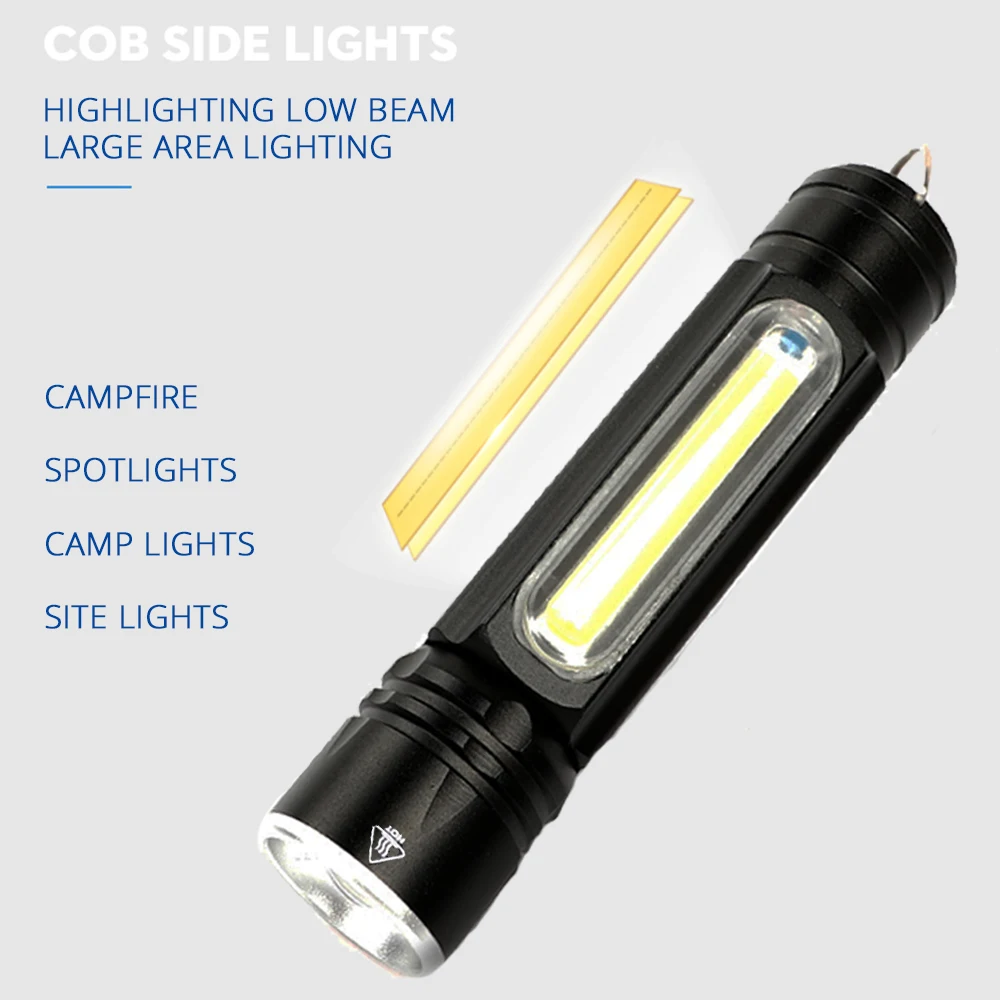 Multifunctional LED Flashlight USB Inside rechargeable battery Powerful T6 torch Side COB light design flashlight tail magnet