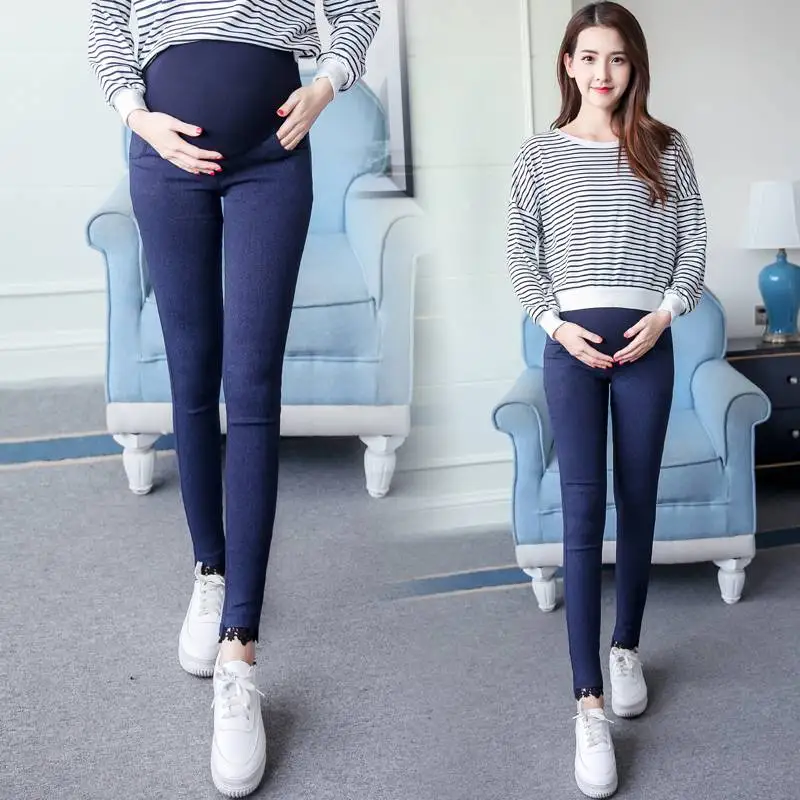 

New autumn and winter denim maternity pants Korean fashion lace stomach lift feet pencil pants