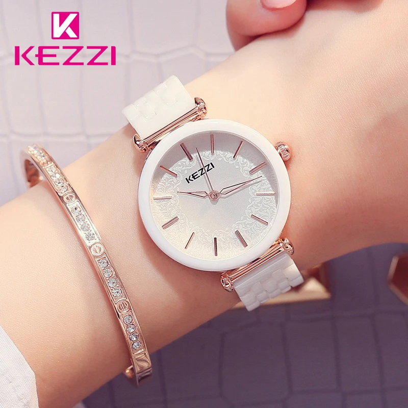 Kezzi Brand Ceramic Watches White Flower Quartz Watch Waterproof Bracelet Wristwatch For Women Clock montres femmes