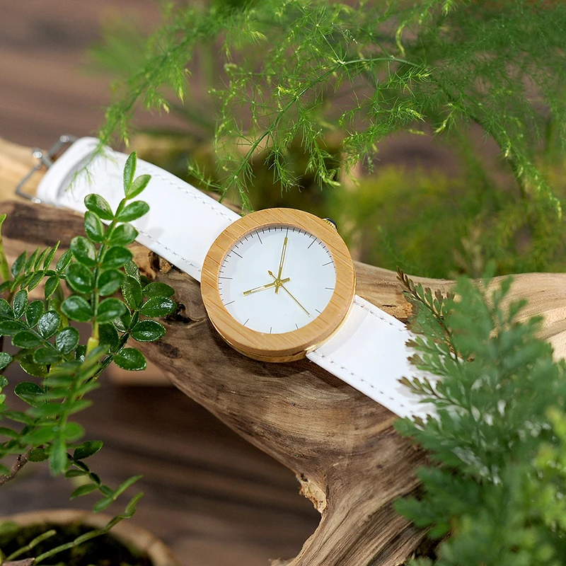 BOBO BIRD-Montre à quartz en acier au bambou pour femme, bracelet en cuir véritable avec boîte en bois, cadeau personnalisé, marque, WJ27