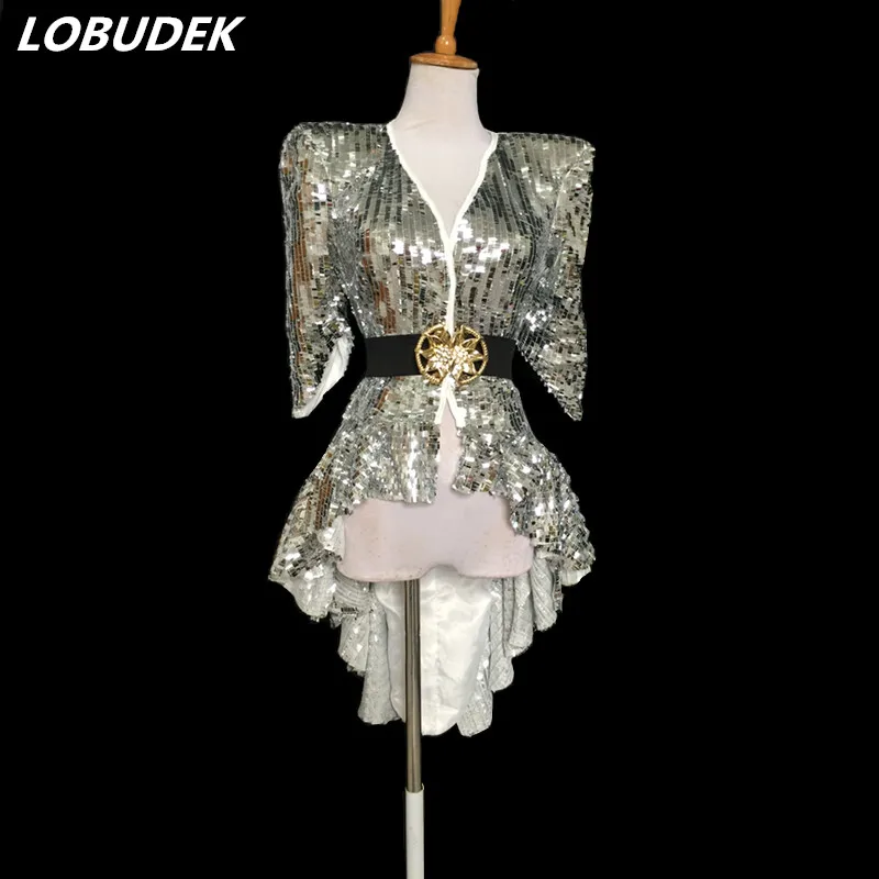 Vêtements de performance de smoking à paillettes argentées Tailing, manteau à queue d'hirondelle, tenues de scène, troupe de danse, spectacle de jazz, style punk 303