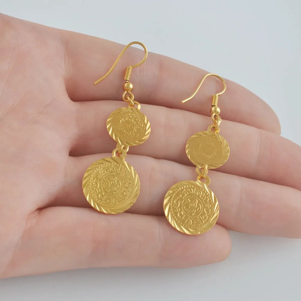 Anniyo Arab Coins Earring for Women Gold Color Islam Middle Eastern Wholesale Jewelry Muslim Arabic Item #004306