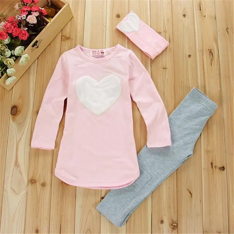 3pcs 1pc Hair Band+1pc Shirts+1pc Pants Children's Clothing Set Girls Clothes Suits Pink Red Heart TZ28