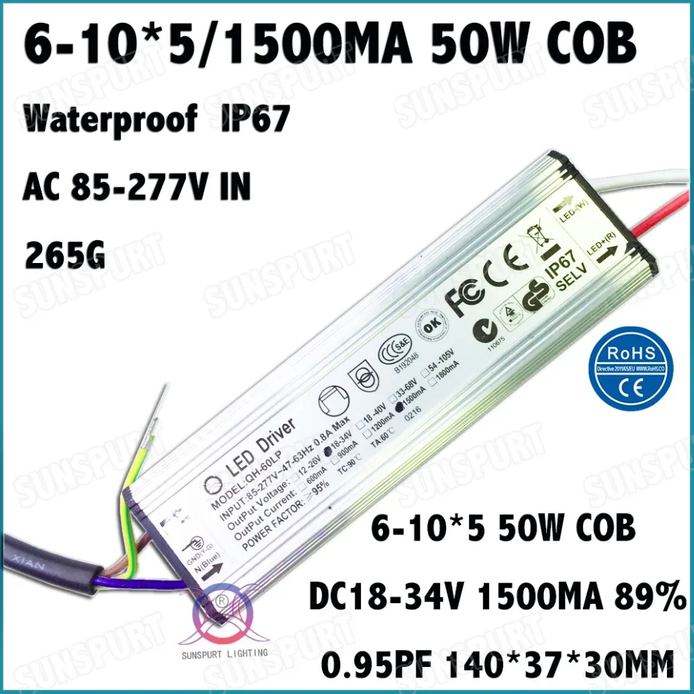 

3 PCS CC Isolation 50W AC85-277V LED Driver 6-10x5 1500mA DC18-36V PF IP67 BulkMass LED PowerSupply For Spotlights Free Shipping