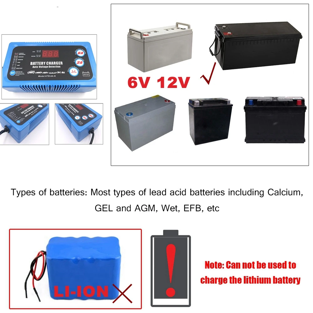 6V 2A 12V 6A Smart Car Battery Charger Rechargeable Lead Acid Battery Power Charge Tool EU Plug For 55AH 60AH 85AH 90AH 100AH