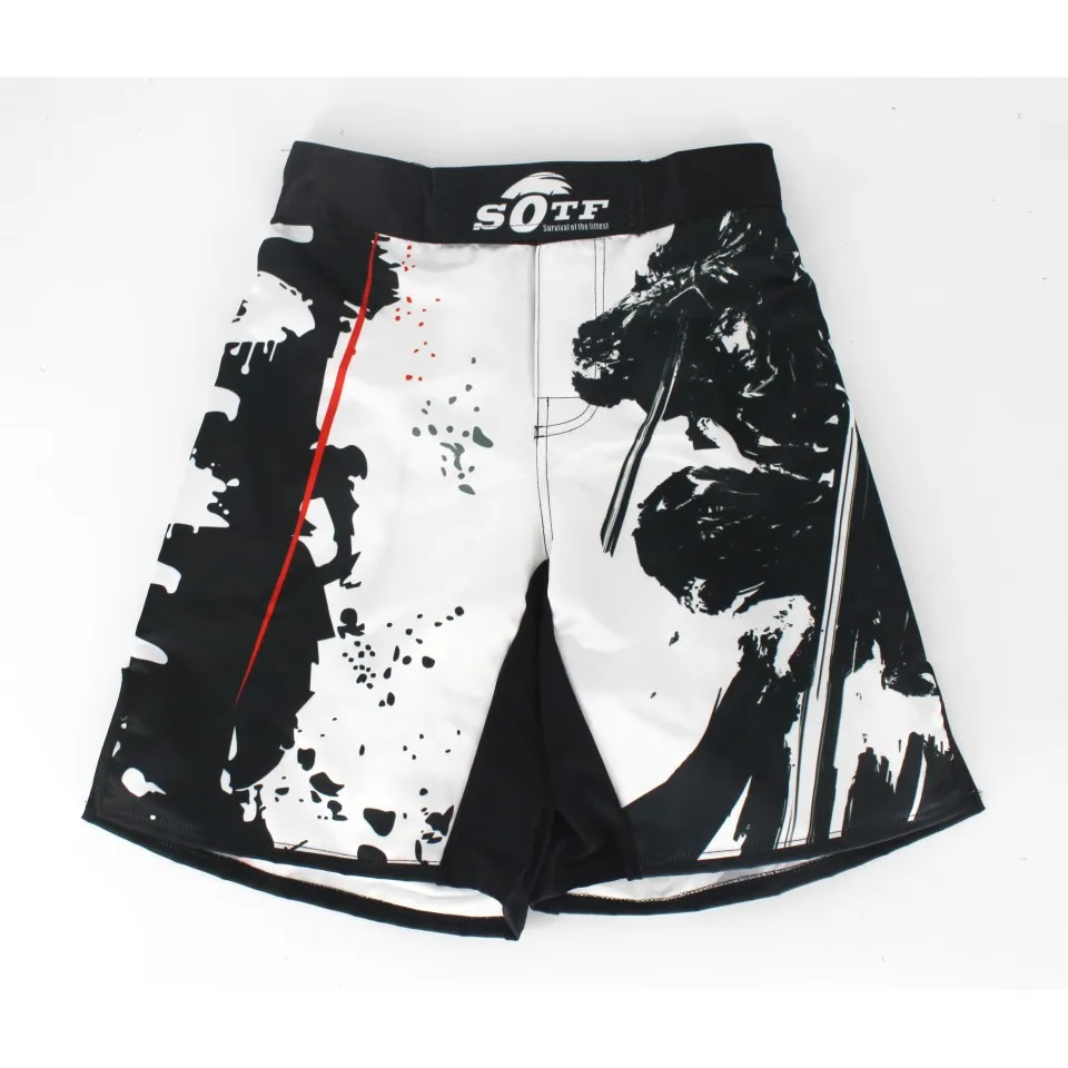 SOTF-pantalones cortos deportivos de combate ninja, ropa de boxeo tailandesa, pantalones cortos negros de cintura elástica, Bushido, fierce, Tiger,