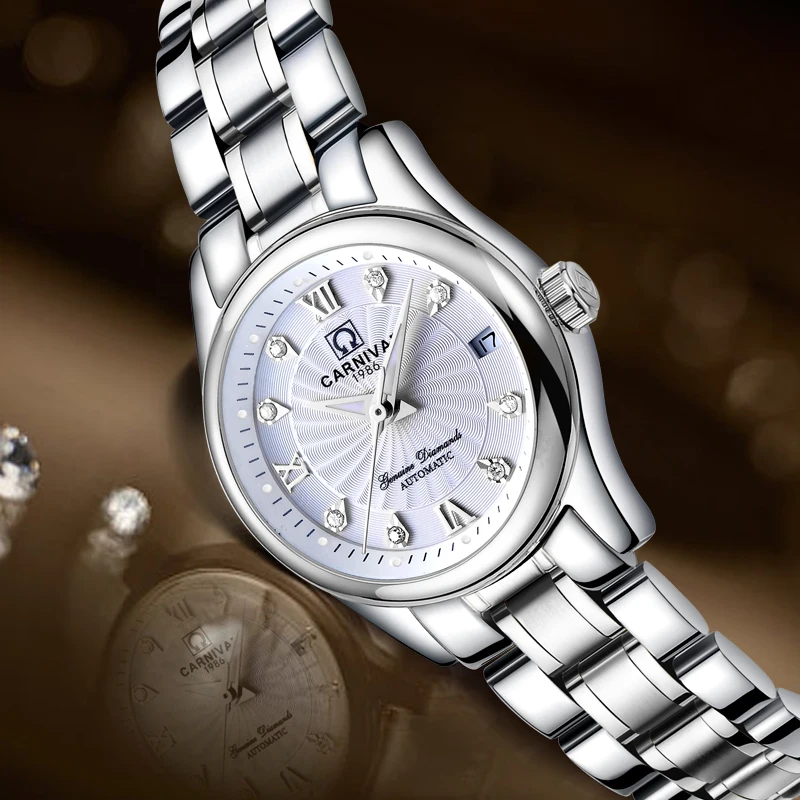 High end Automatic Mechanical Watch Women CARNIVAL Luxury Brand Fashion Ladies Watch 2019 Calendar Luminous Silver Women Watches