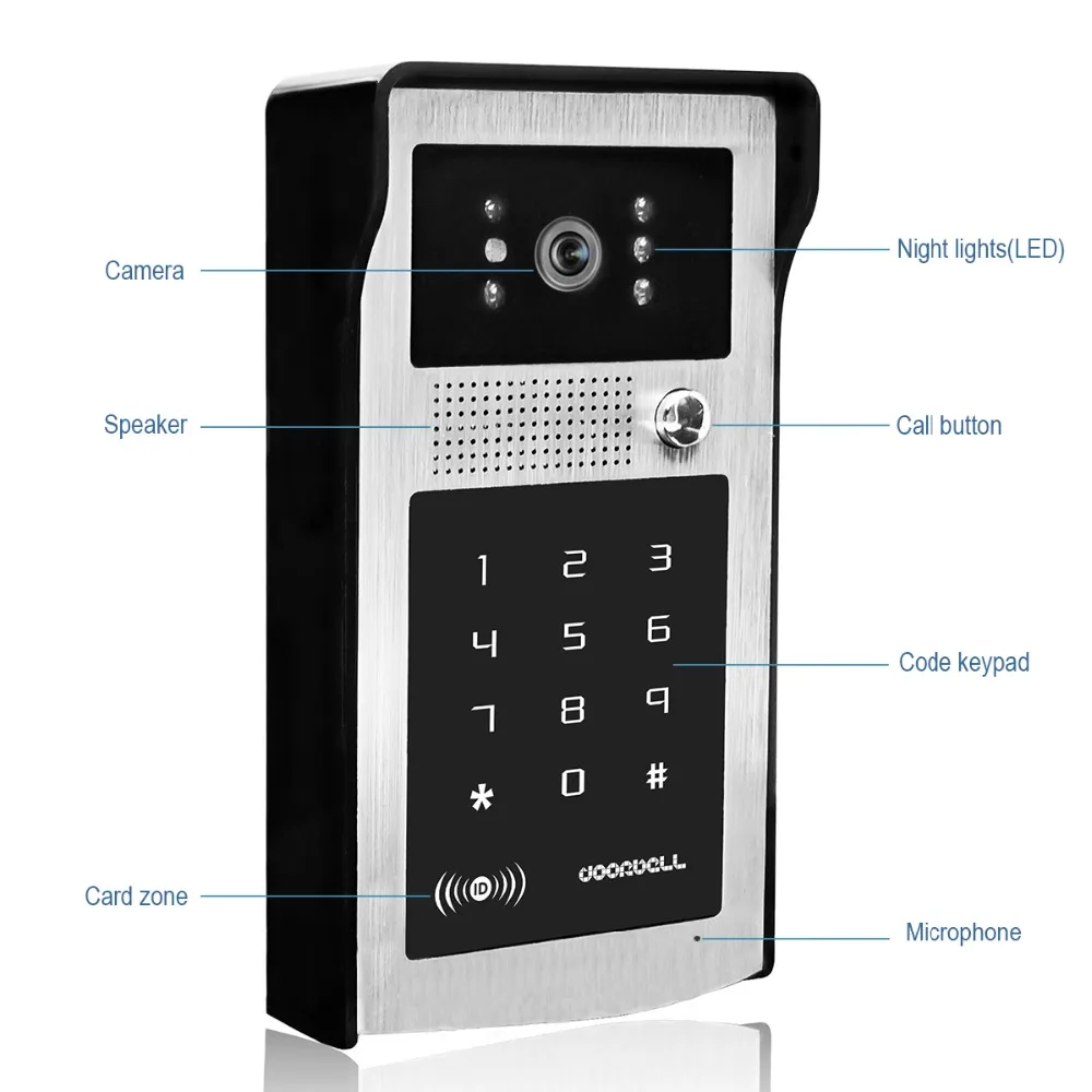 Monitor lcd de 7 polegadas, com fio, vídeo, campainha da porta, sistema de intercomunicação, caixa de alumínio, id, keyfobs, desbloqueio por 2 vias