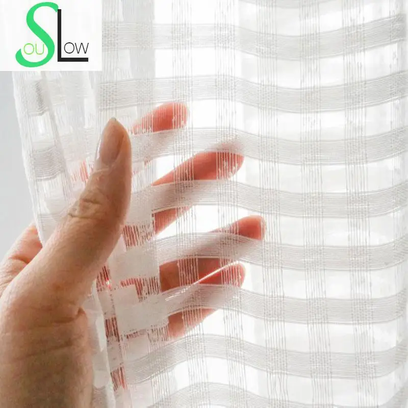 

Slow Soul White Hollow Lattice Cotton Gauze Curtain French Window Striped Curtains Tulle For Living Room Kitchen Bedroom Sheer