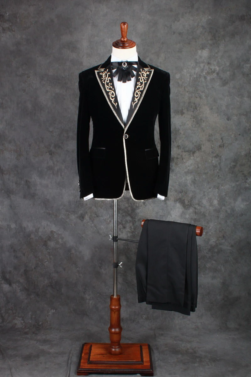 100%real mens stars/golden embroidery collar binding black tuxedo suit /event/evening/stage performance