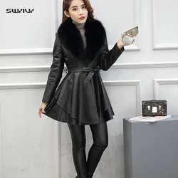 SWYIVY Leather Jacket Coat Women PU Leather Imitation Fox Fur Collar Jacket Mid Long Coat Winter 2019 New Female Leather Coat