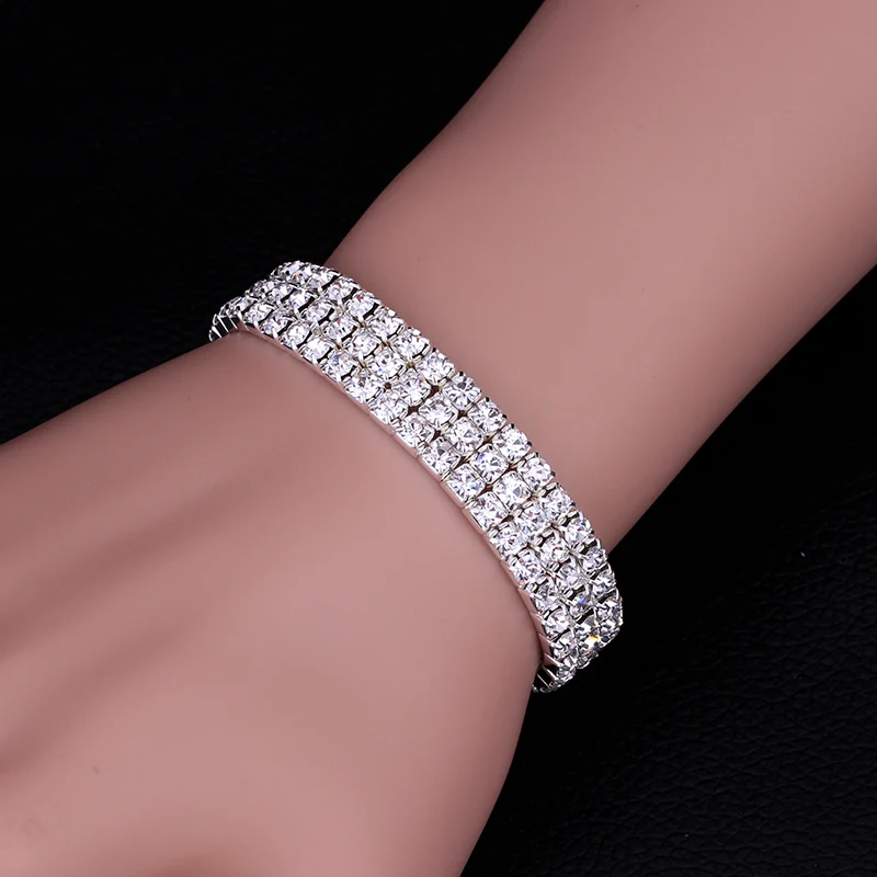 Sparkling Silver Color Crystal Bracelets For Women 3 Rows Rhinestone Stretchy Bracelets Bangles Female Wedding Prom Jewelry