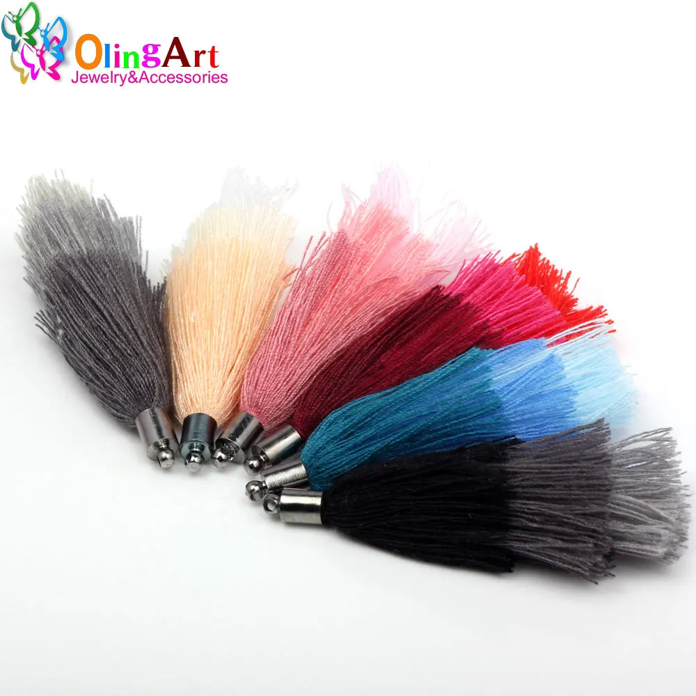 OlingArt 60mm 6Pcs/lot Gun black hat Gradient Cotton Tassel Charm Necklace Earring DIY Jewelry Making Straps Keychain Pendants