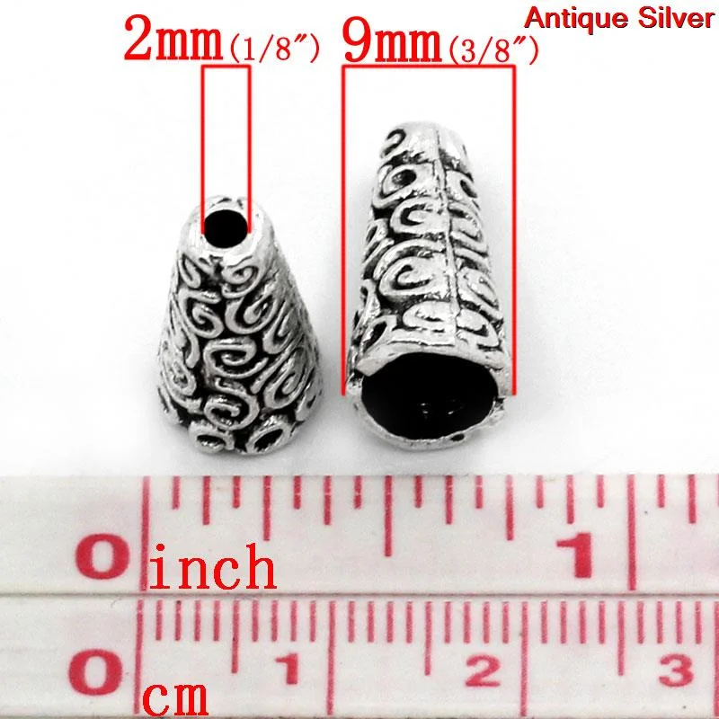 Doreen Box hot-  Spacer Beads Cone Silver Color 18x9mm,Hole:Approx 2mm,50PCs (B24426)