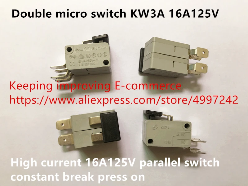 

Оригинальный новый 100% двойной микропереключатель KW3A, сильноточный 16A125V, параллельный переключатель, постоянный разрыв, нажмите