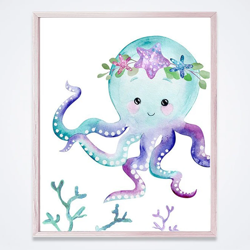 Mermaid Canvas Posters Nursery Wall Art Print Watercolor Sea Animals Starfish Turtle Octopus Painting Girls Room Wall Art Decor