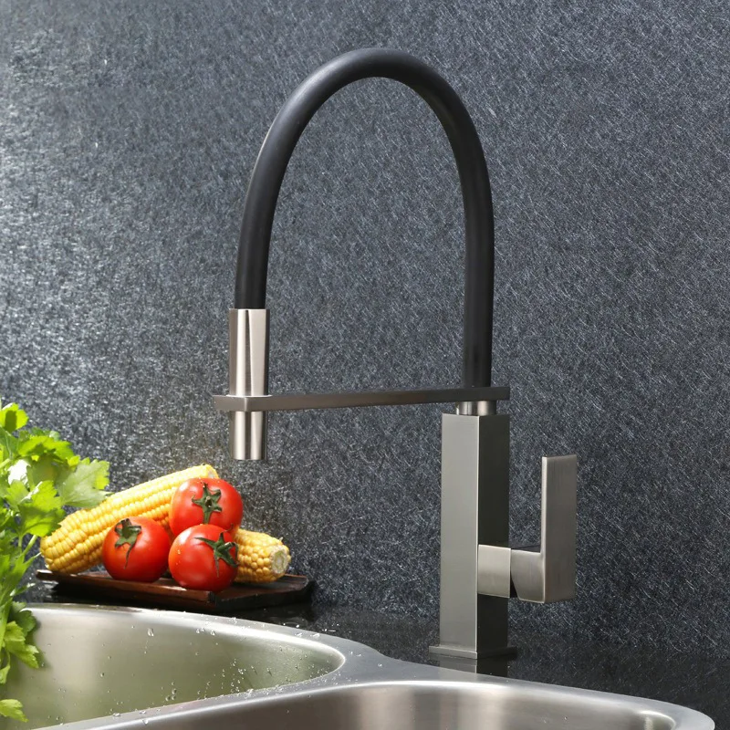 Brushed Unleaded brass kitchen faucet square pull down out tap single hole mixer faucet