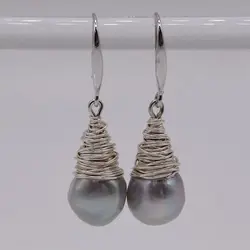 Handmade Pearl Earrings Grey Natural Freshwater Pearl 925 Sterling Silver Earrings Drop Shape Silver Wire Women's Earrings