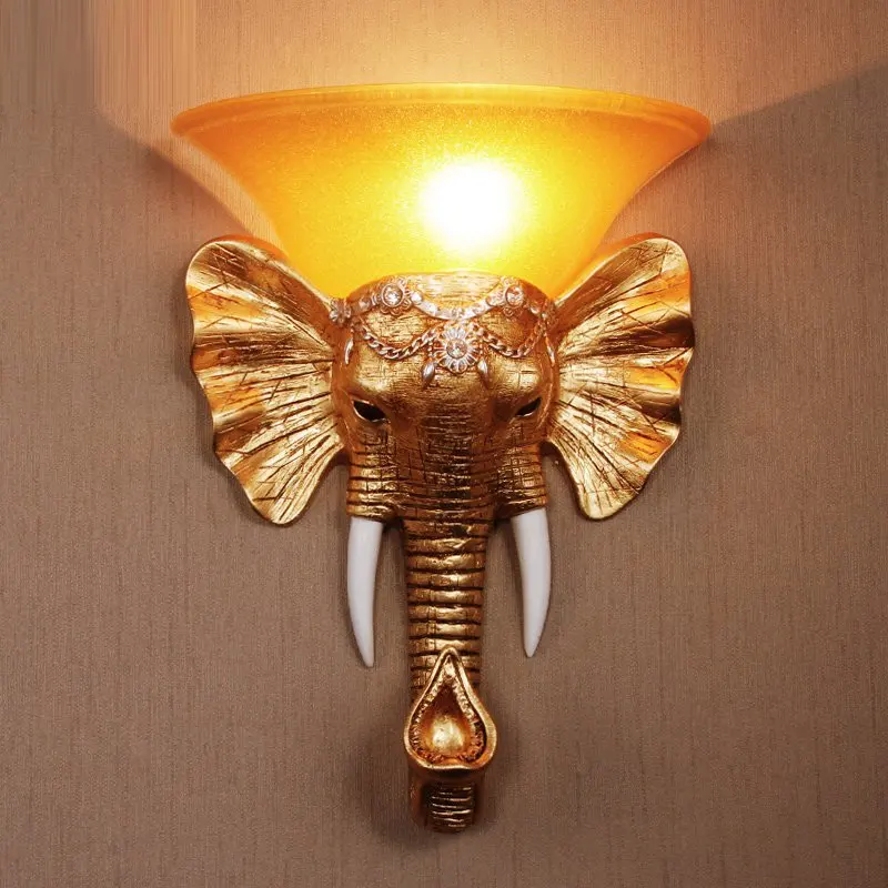 Elephant Wall Lamps Stairs Case Antique Resin Gold Creative Bedroom Bedside Living Room Wall Lights Corridor Aisle Wall Sconces