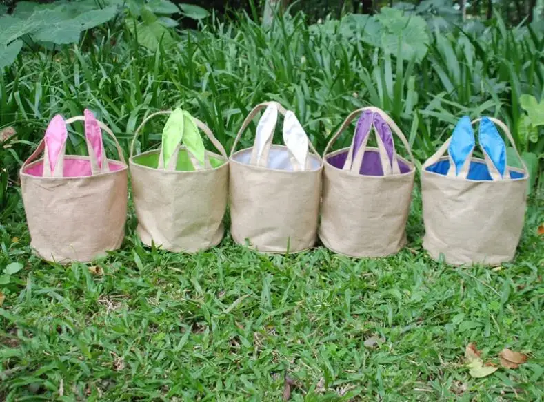 

30pcs/lot free shipping burlap bunny easter bucket with ears kids easter egg bucket easter totes basket high ni246