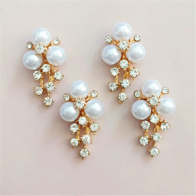 50PCS Alloy Material Gold color Imitation Pearl Crystal Flower Charm Pendant for Head DIY Wedding Jewelry Accessory Findings