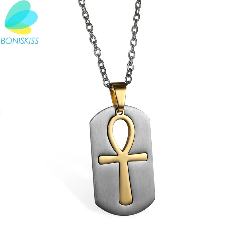 Boniskiss Mens Fashion Ancient Egyptian Ankh Dog Tag Pendant Stainless Steel Symbol of Life Necklaces  Amulet Jewelry Wholesale