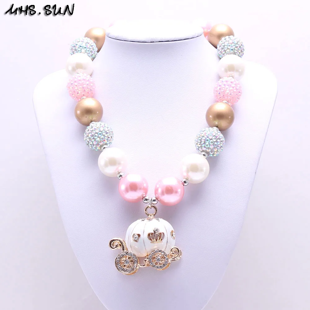 MHS.SUN 2PCS Pink Pumpkin Carriage Kid Chunky Necklace Halloween Toddler Girl Bubblegum Beads Chunky Necklace Children Jewelry