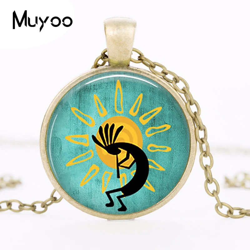 Kokopelli Sun Dance Necklace Vintage Glass Cabochon Flute Player Pendant Funny Fertility Diety Fashion Jewelry Gift Woman HZ1