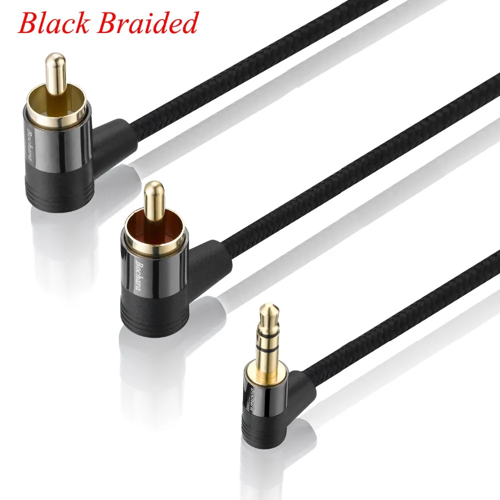 Bochara Braided 90degree 3.5mm jack to 2RCA OFC Audio Cable Gold Plated For Speakers Amplifier Mixer 30cm