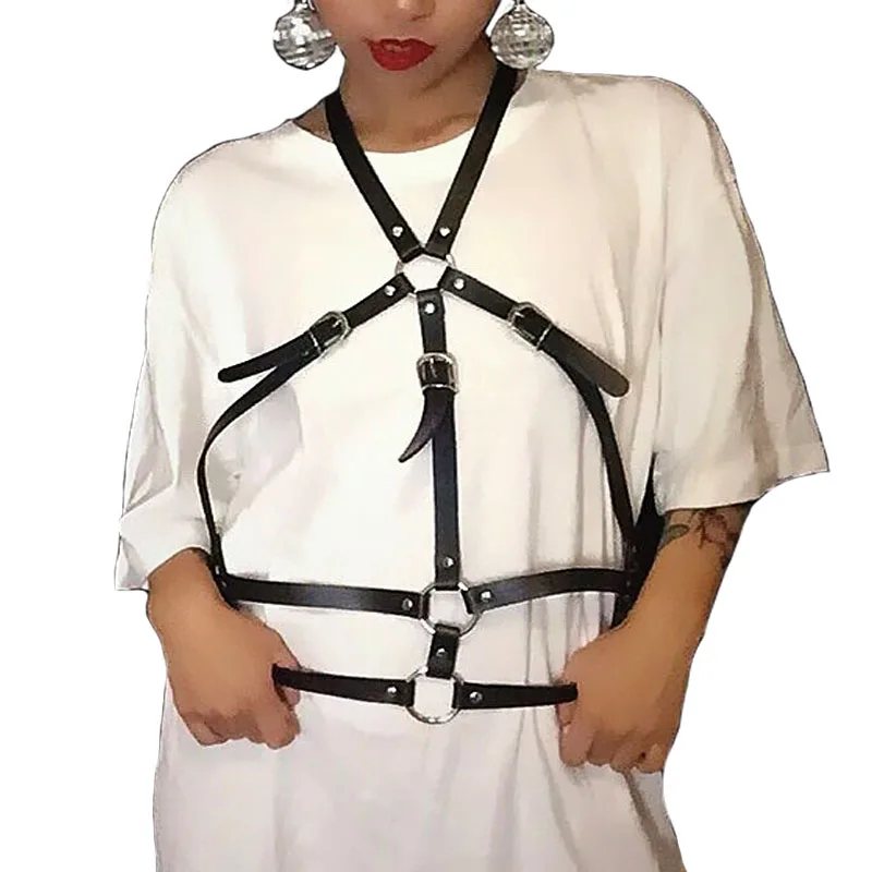 

Harajuku gothic bundled leather belts women sexy chest strap shoulders belt around neck body harness female girdle high quality