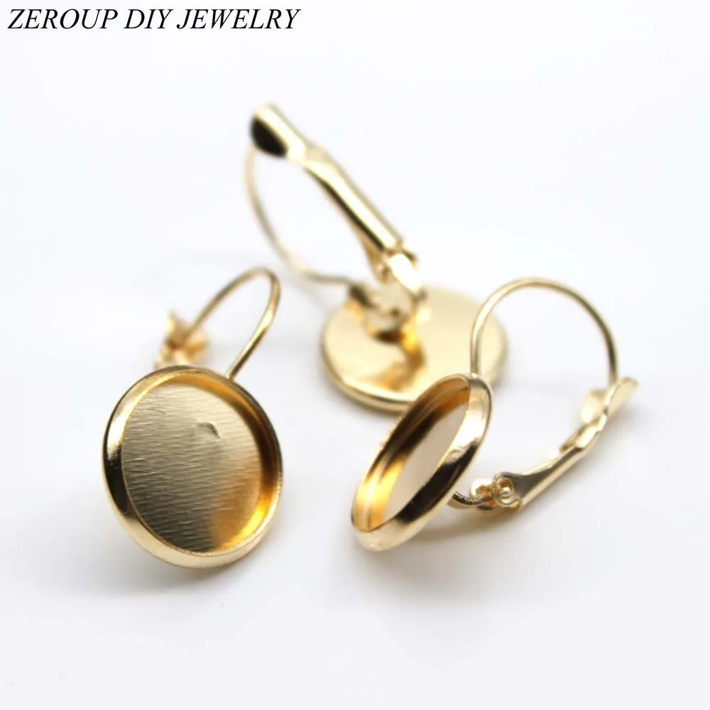 ZEROUP 12mm 10pcs Earring Hooks Round Gold Plated Cabochon Cameo Tray Settings Earring Blank Base Supplies for Jewelry