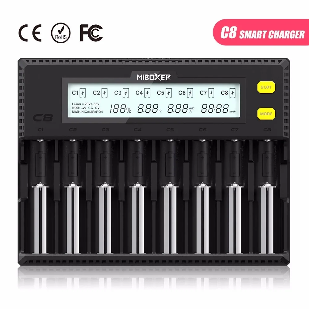 

MiBOXER C8 Battery Charger 8Slots LCD Display for Li-ion LiFePO4 Ni-MH Ni-Cd AAA 21700 20700 26650 18650 17670 RCR123 18700