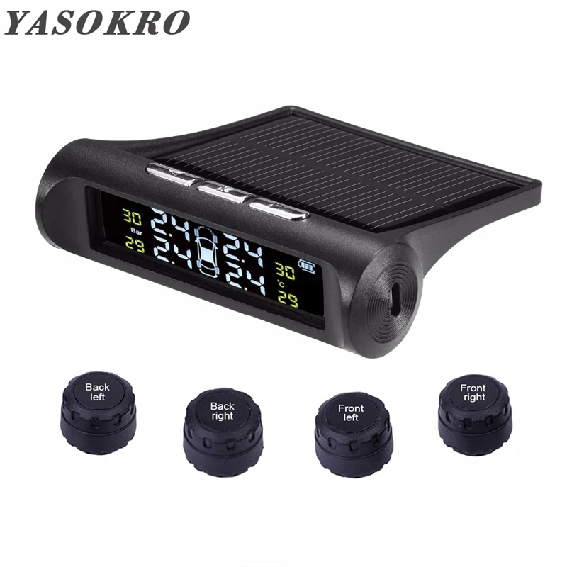 

YASOKRO Car TPMS Tire Pressure Alarm Monitor System Solar Charging LCD Display 4 External Sensor Temperature Sensor