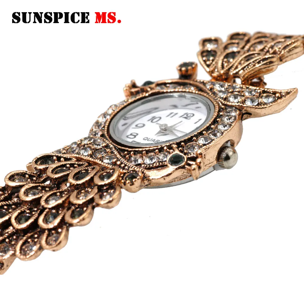 SUNSPICE MS Ethnic Indian Peacock Charm Bracelet Wrist Watch For Women Antique Gold Color Ladies Party Cuff Jewelry Wholesale