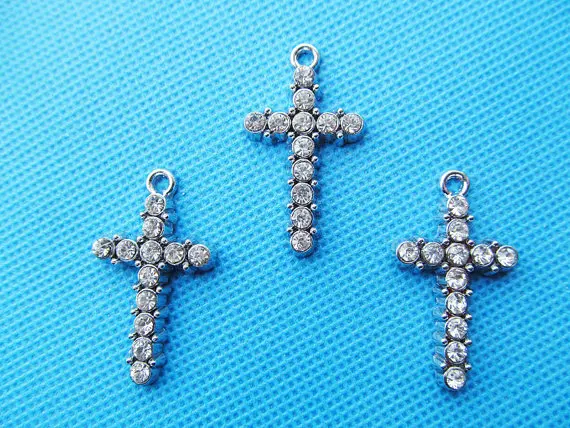 

10pcs Silver tone/White K Metal Cross Pendant Charm/Finding,dotted with White Rhinestone,DIY Jewellerry Accessory