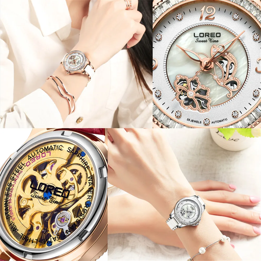 Waterproof 50M Women Luxury Rhinestone Ceramic Steel Automatic Mechanical Watches Ladies Business Watch LOREO Relogio Feminino