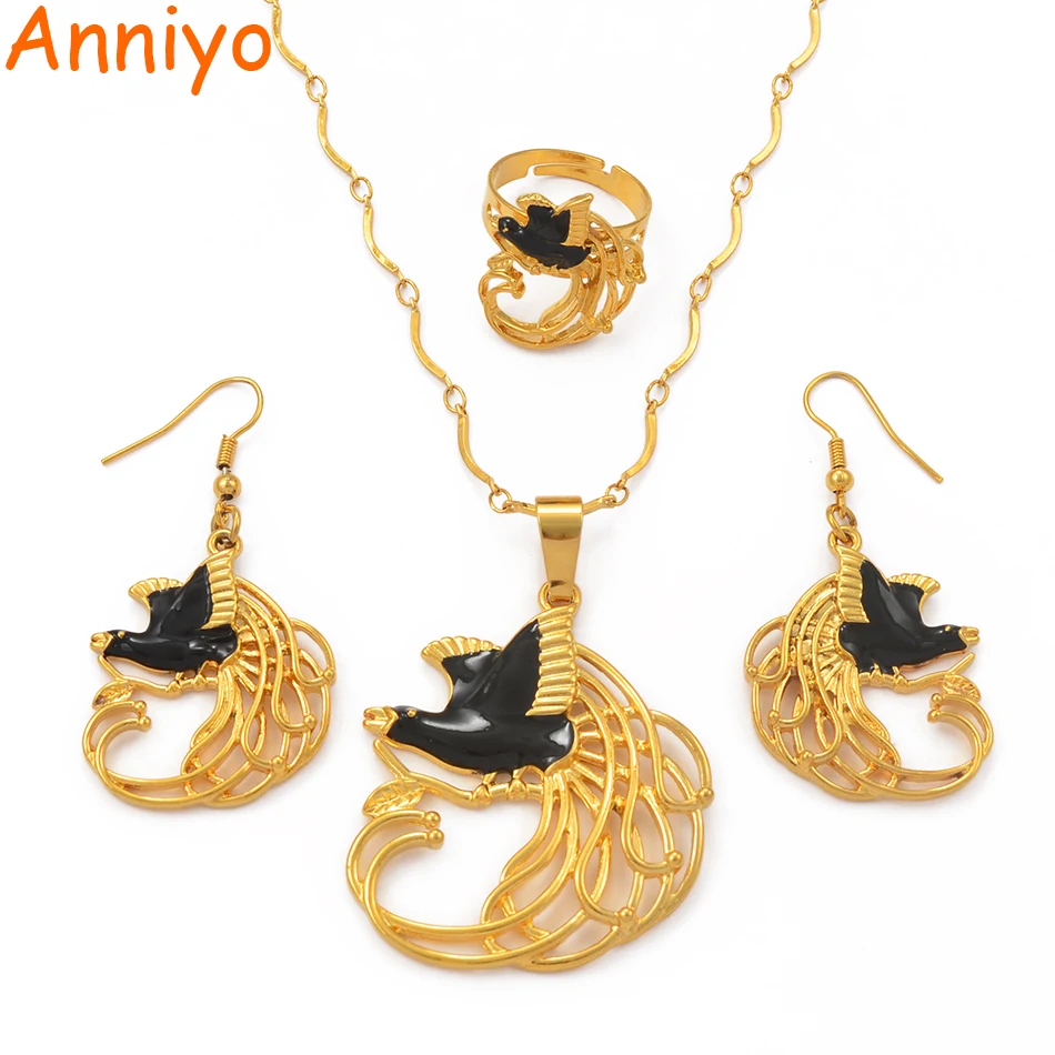 Anniyo Bird Papua New Guinea Necklace Earrings Ring Sets for Women PNG New Style Jewelry Weeding Productss #195106